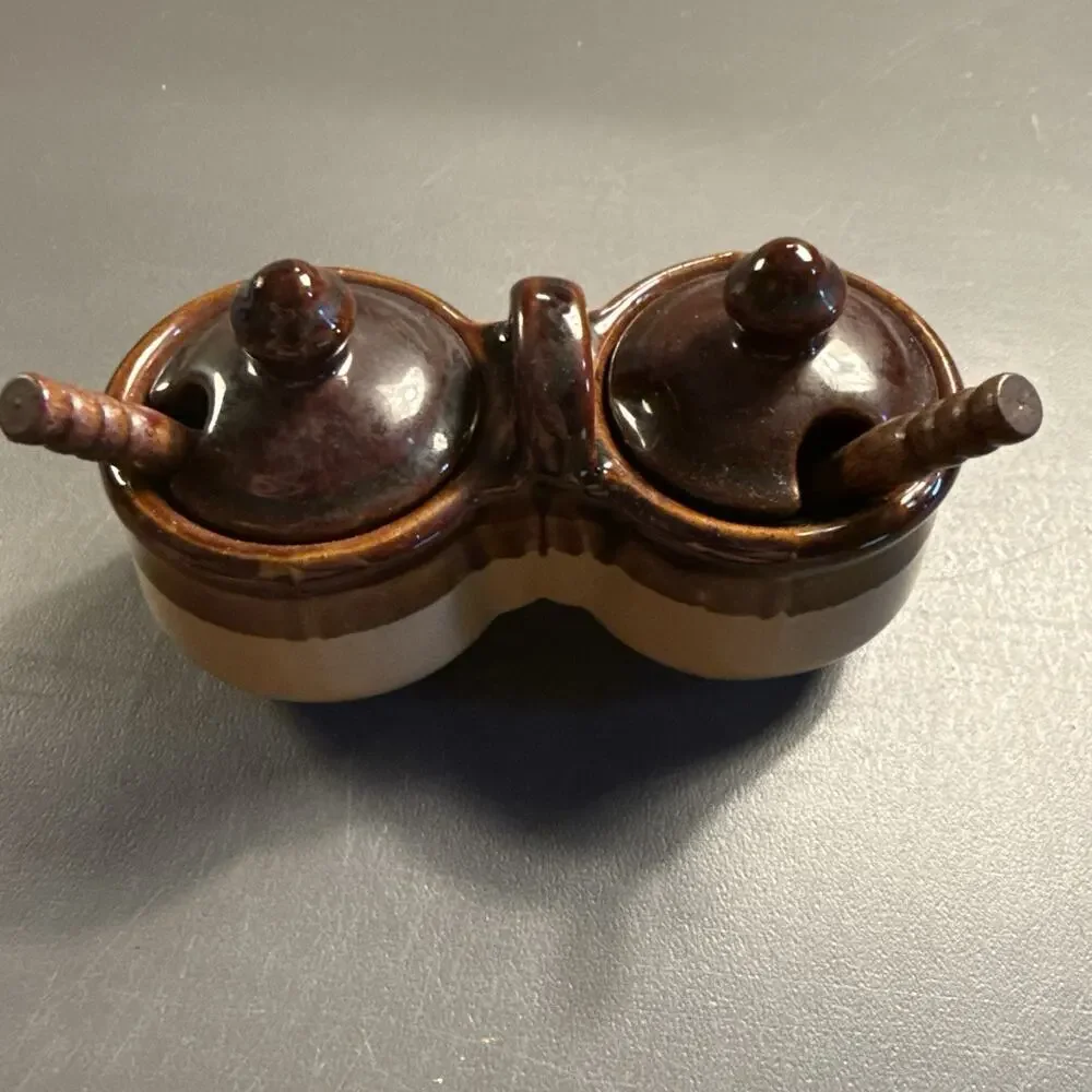 Vintage Stoneware Double Condiment Set, Marked Taiwan, MINT CONDITION w/spoons